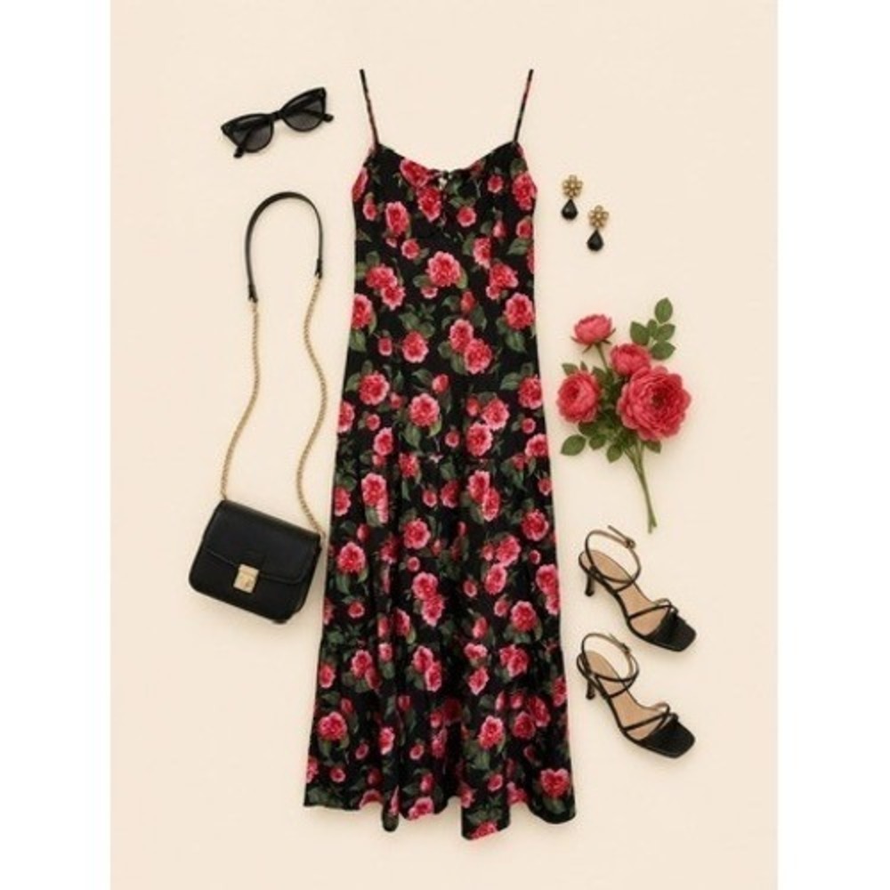 Alice + Olivia Pink Rose Floral Black Tiered Smocked Maxi Dress Women's Size 2
